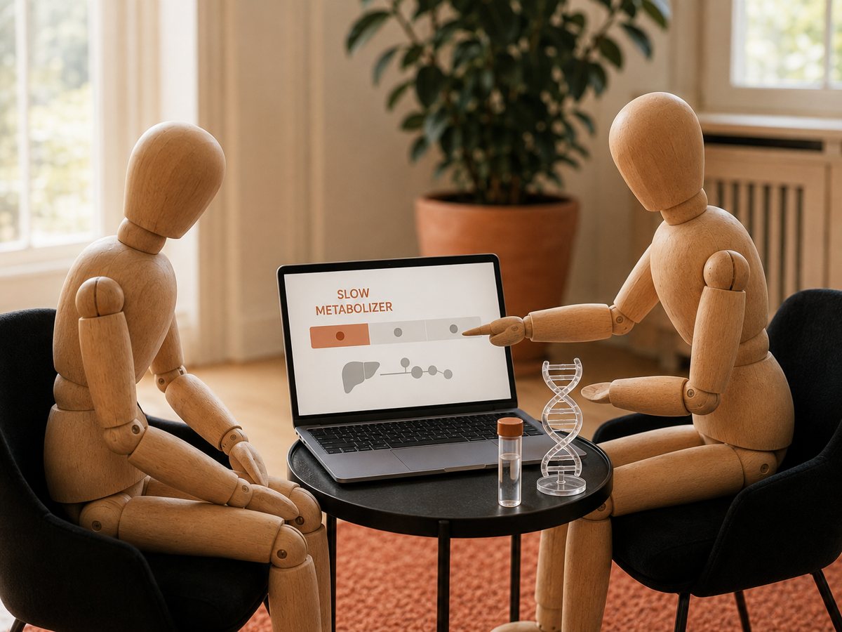 Zwei Holzfiguren am Laptop mit dem Hinweis «Slow Metabolizer» und einem DNA-Modell — Sinnbild für Pharmakogenetik