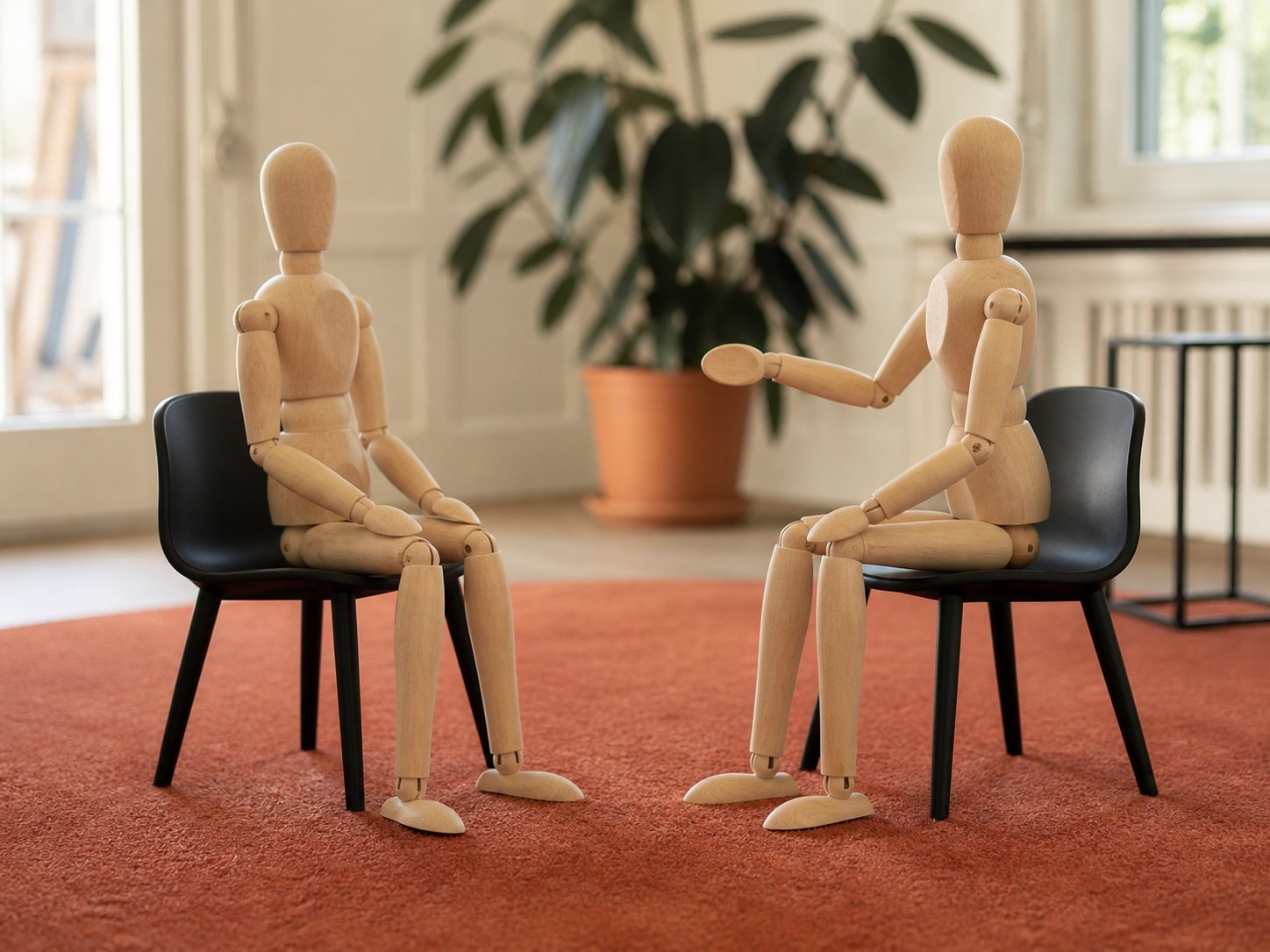Zwei Gliederfiguren aus Holz sitzen sich auf Stühlen gegenüber — Sinnbild für das therapeutische Gespräch auf Augenhöhe